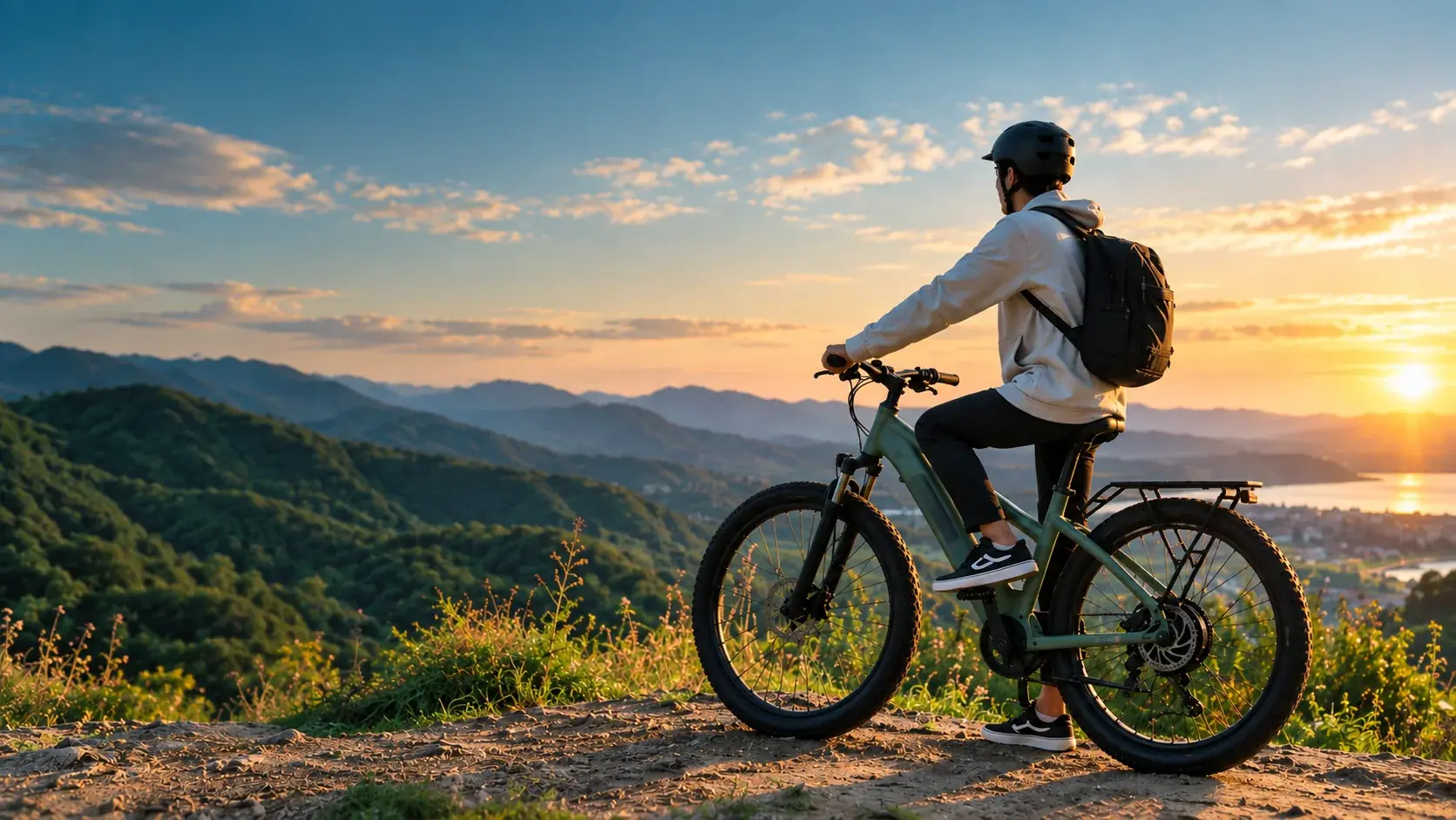 Rider on a HIRO electric bike overlooking a mountain landscape at golden hour
