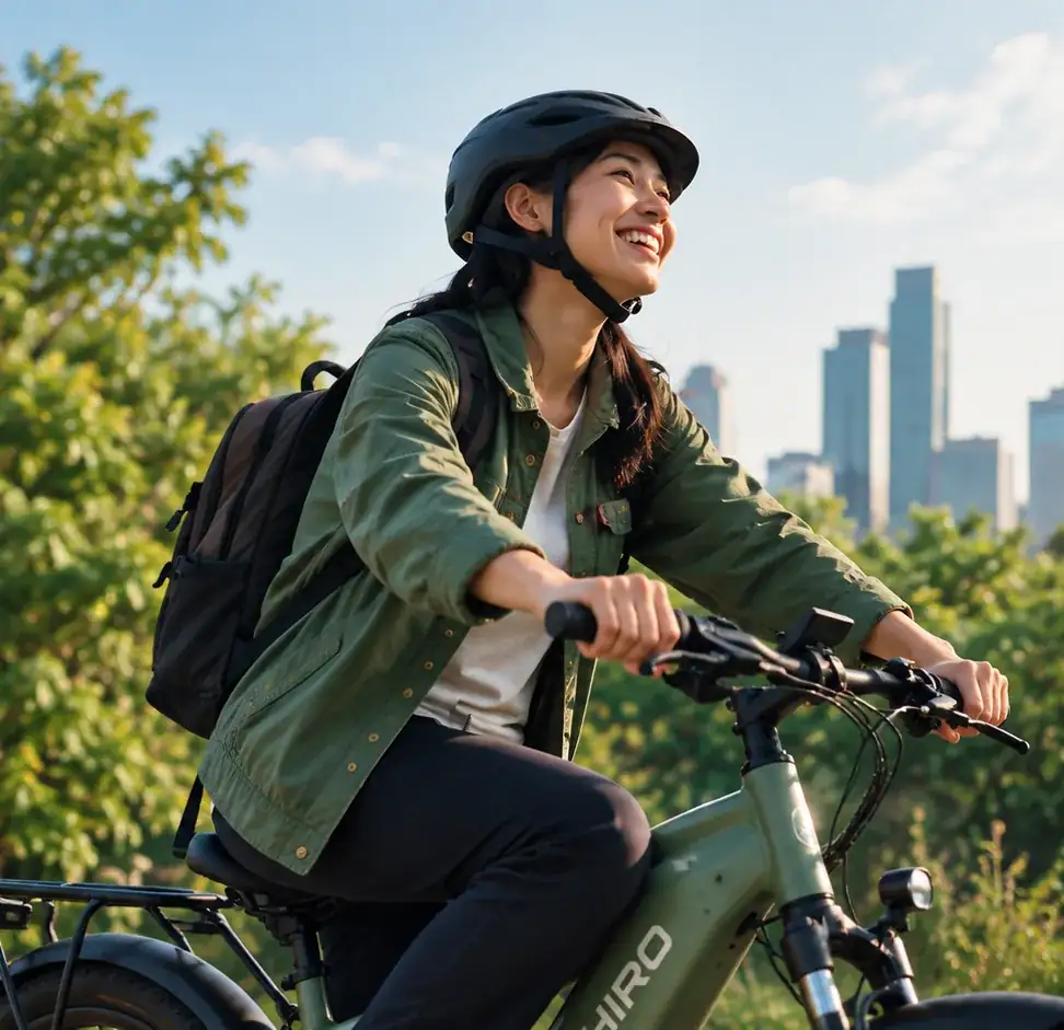 Woman riding a HIRO e-bike outdoors with greenery and city skyline